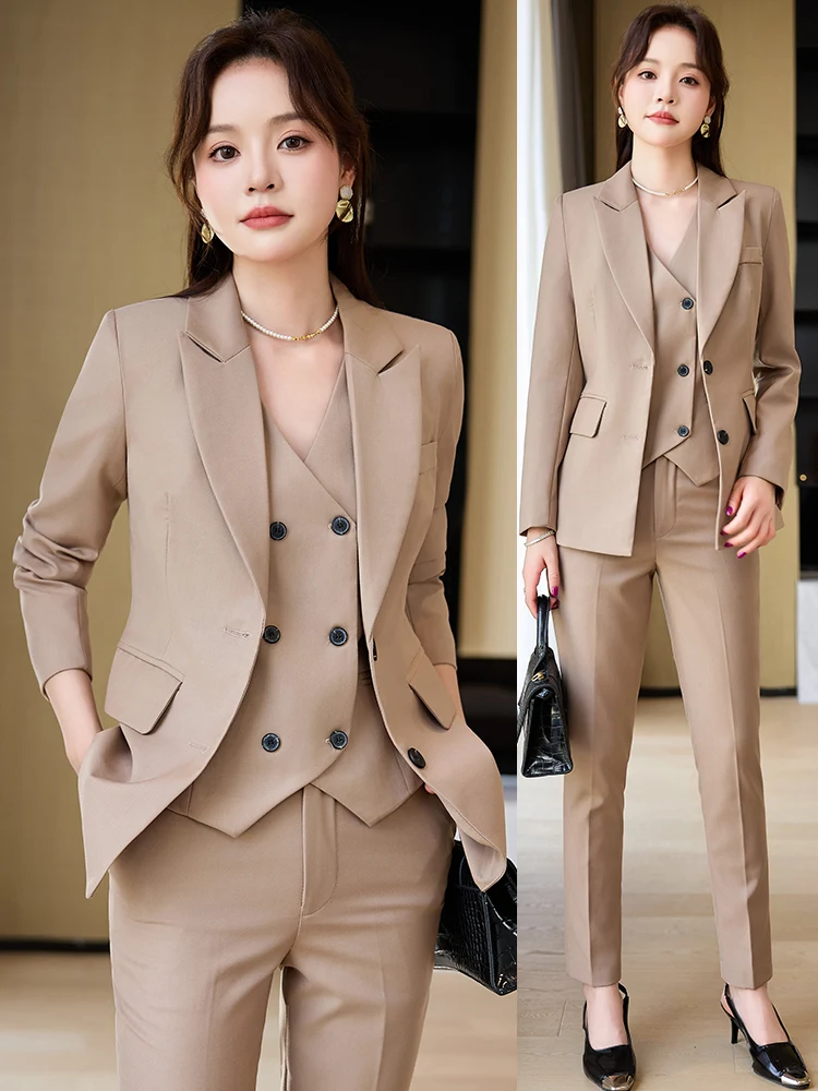 

Khaki Color Women's Suit Jacket Three-Piece Set Professional Style Spring Autumn New Arrival Elegant Lady's Vest Top Quality