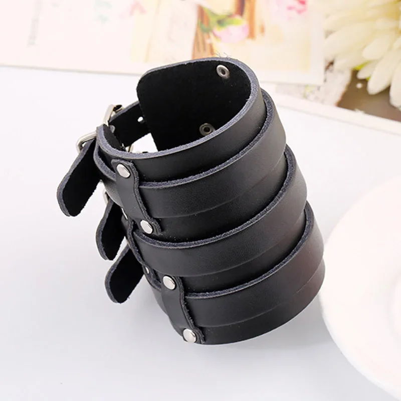 Fashion Black Brown Punk Wide Leather Bracelet Guard Wristband Vintage Adjustable Gothic Punk Male Bracelet Punk Rock Jewelry