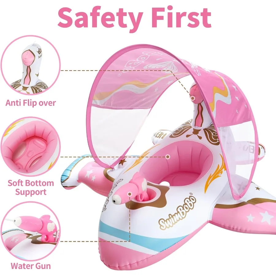 Flotador de piscina para niños pequeños, coche inflable, flotador de natación para bebés con dosel solar ajustable y asiento de seguridad, juguetes de piscina para mayores de 3 años