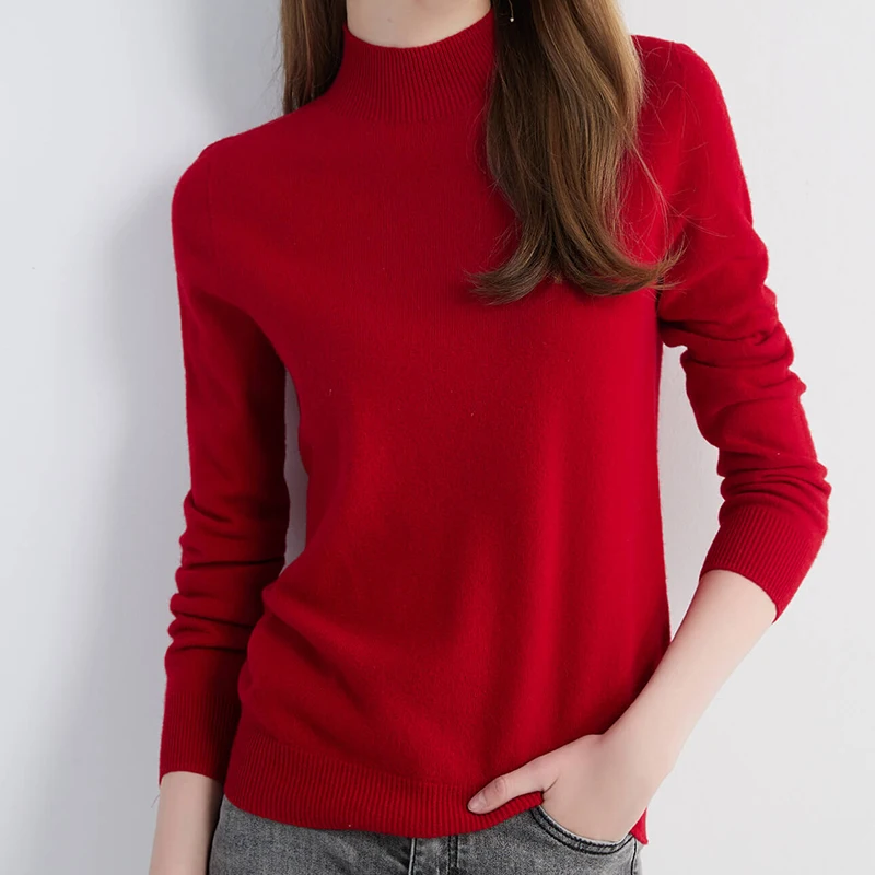 Top Women\'s Sweater Knitwears Half Turtleneck Sweaters 100% Wool Vintage Knit Pullover 2023 Cashmere Clothing Korean Fashion y2k