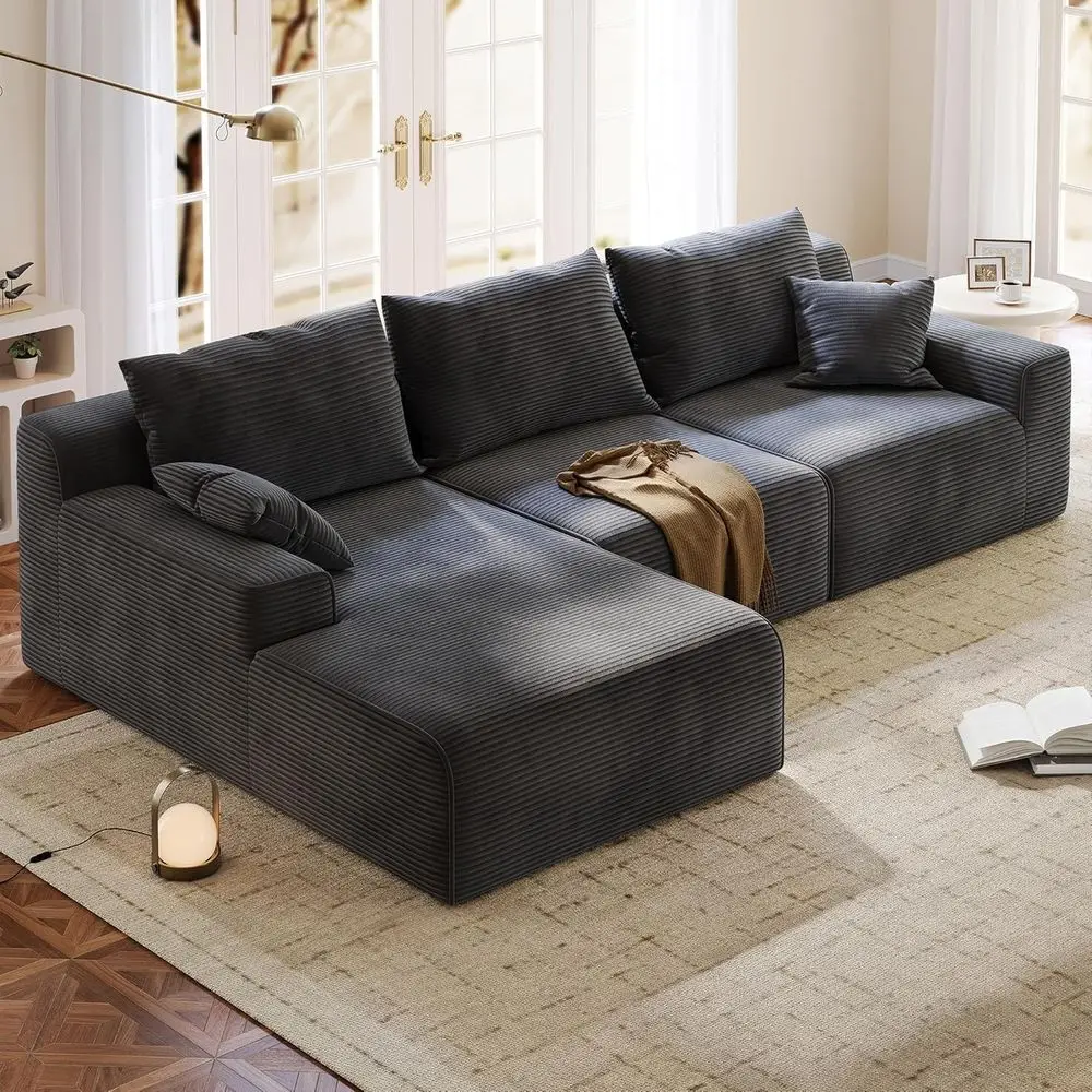 

Grey L-Shaped Cloud Couch with Corduroy Sectional and Deep Seating Chaise for Comfortable Living Room