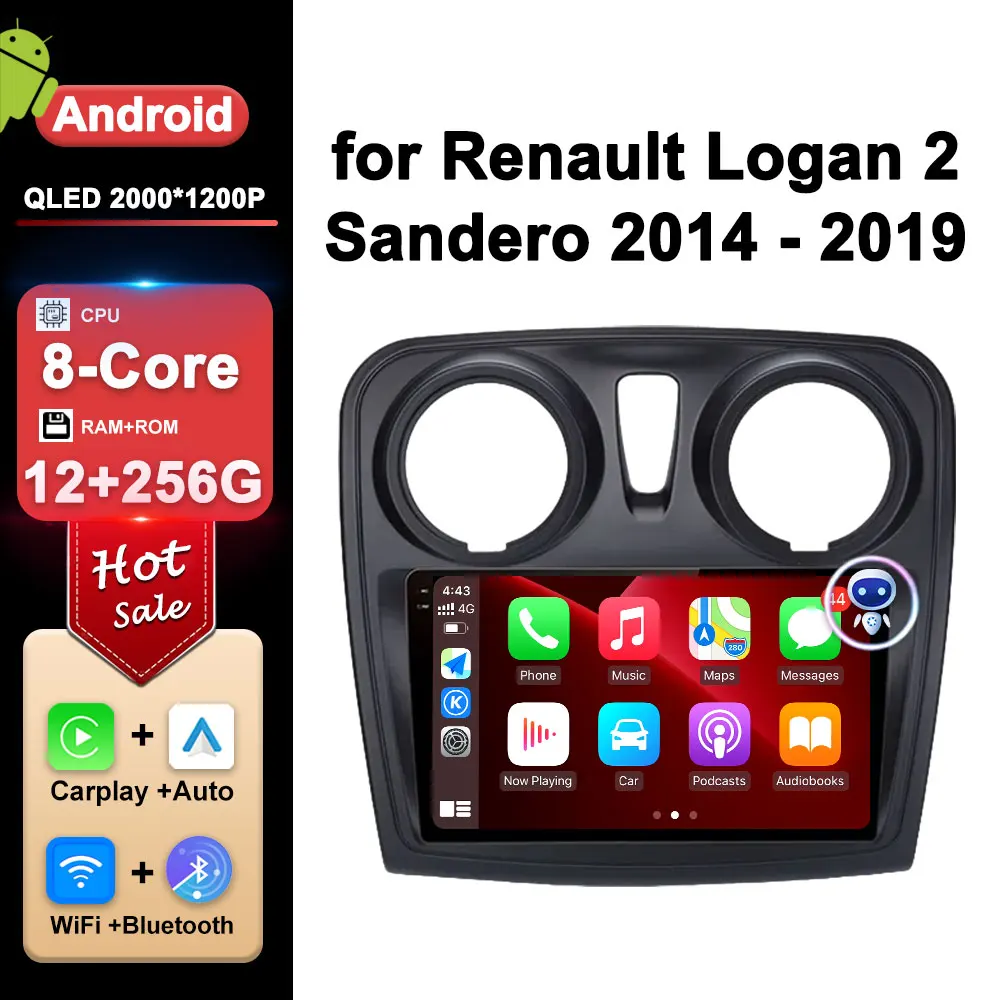 

Автомагнитола на Android 14 DSP, мультимедийный проигрыватель для Renault Logan 2 Sandero 2014 - 2019 Carplay, HD экран, Wi-Fi, разъем 2 din