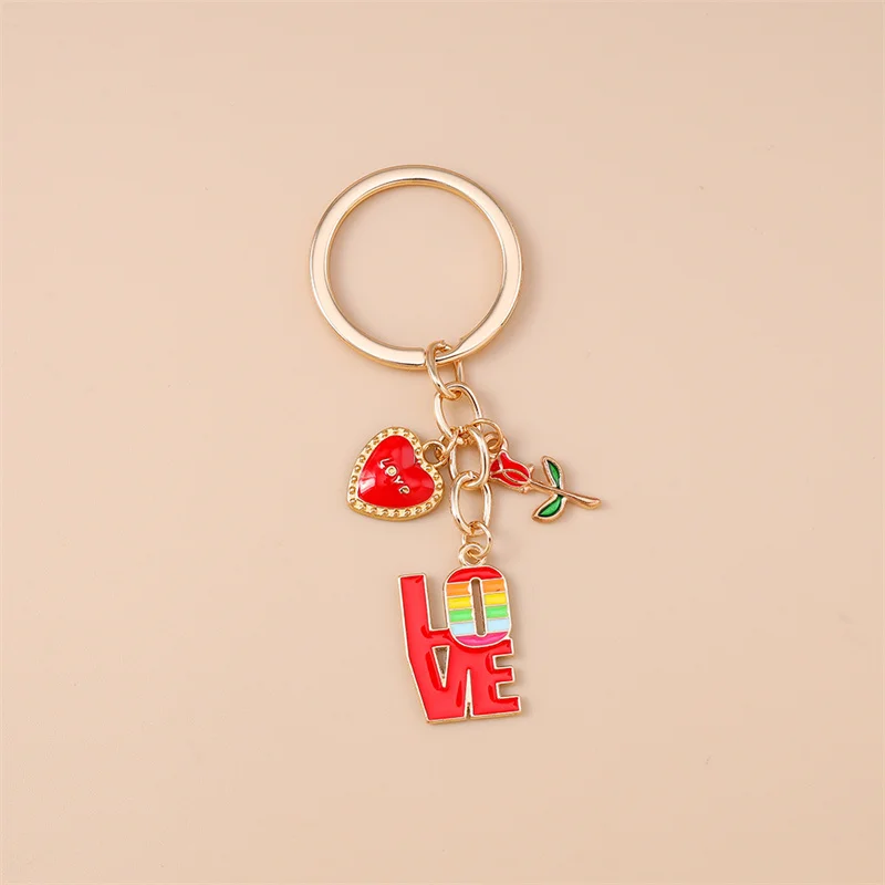 Niedlicher Schlüsselanhänger mit Herz, Emaille-Lippen und Rose für Damen und Herren, Auto-Schlüssel, Handtaschen-Anhänger, Schlüsselketten, DIY-Accessoires – Detail 5