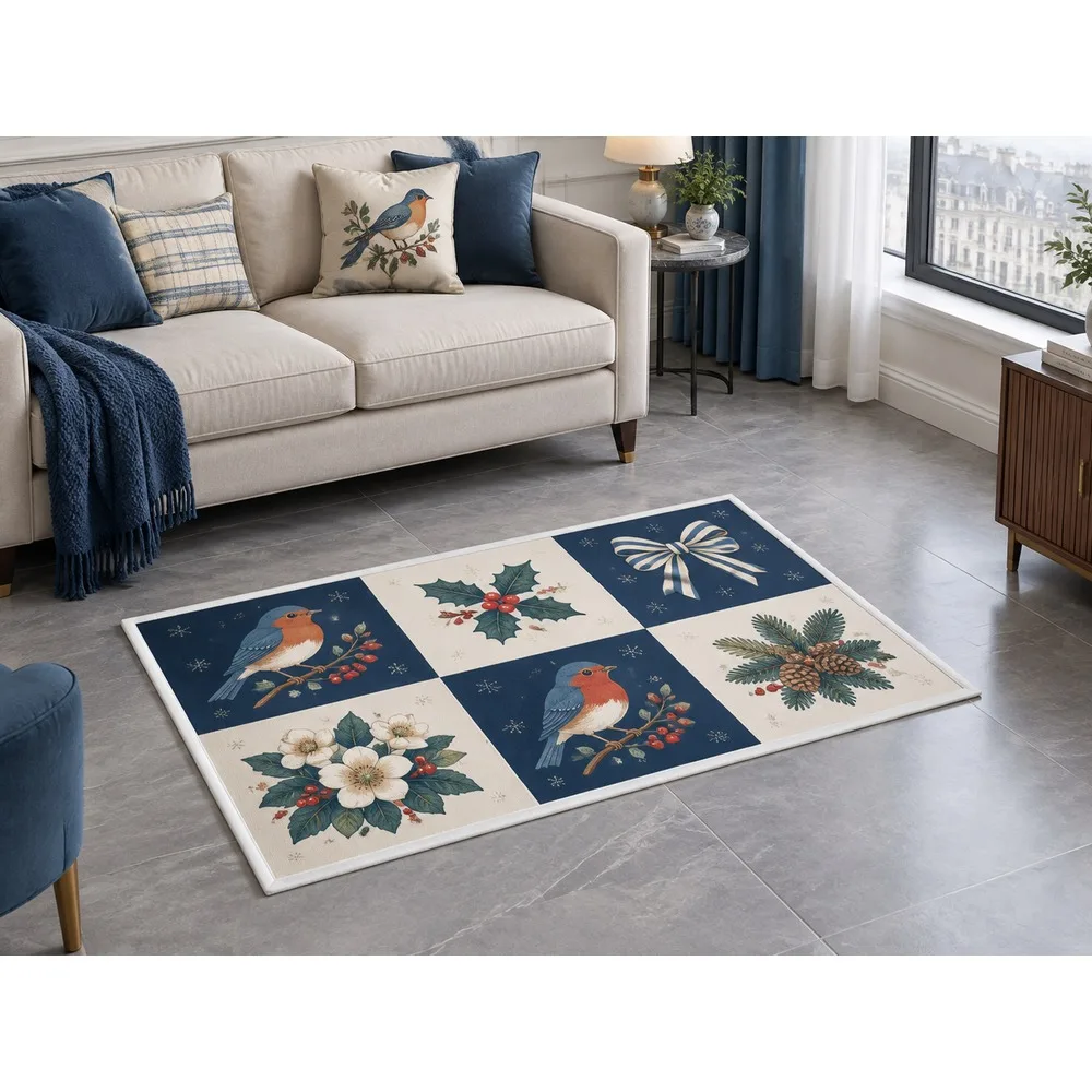 VIKAMA British Navy Cream Robin Flannel Door Mat, Soft Washable Hallway Mat, UK Home Decor for Pantry, Cloakroom, Hallway
