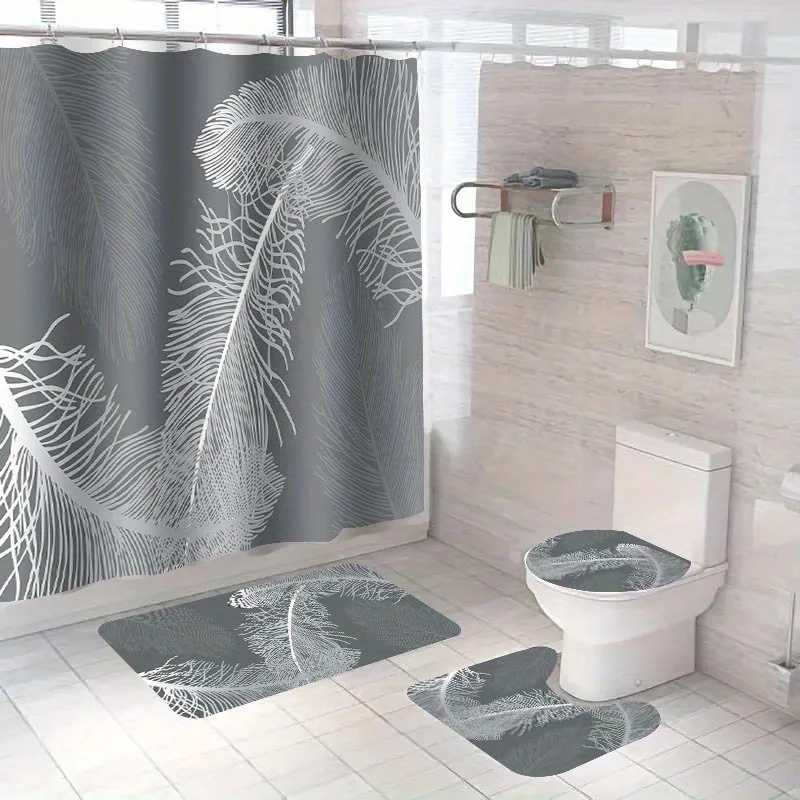 

4pc grey feather patterned bathroom set includes shower curtain with hooks, non-slip mat, toilet seat, and non-slip pad