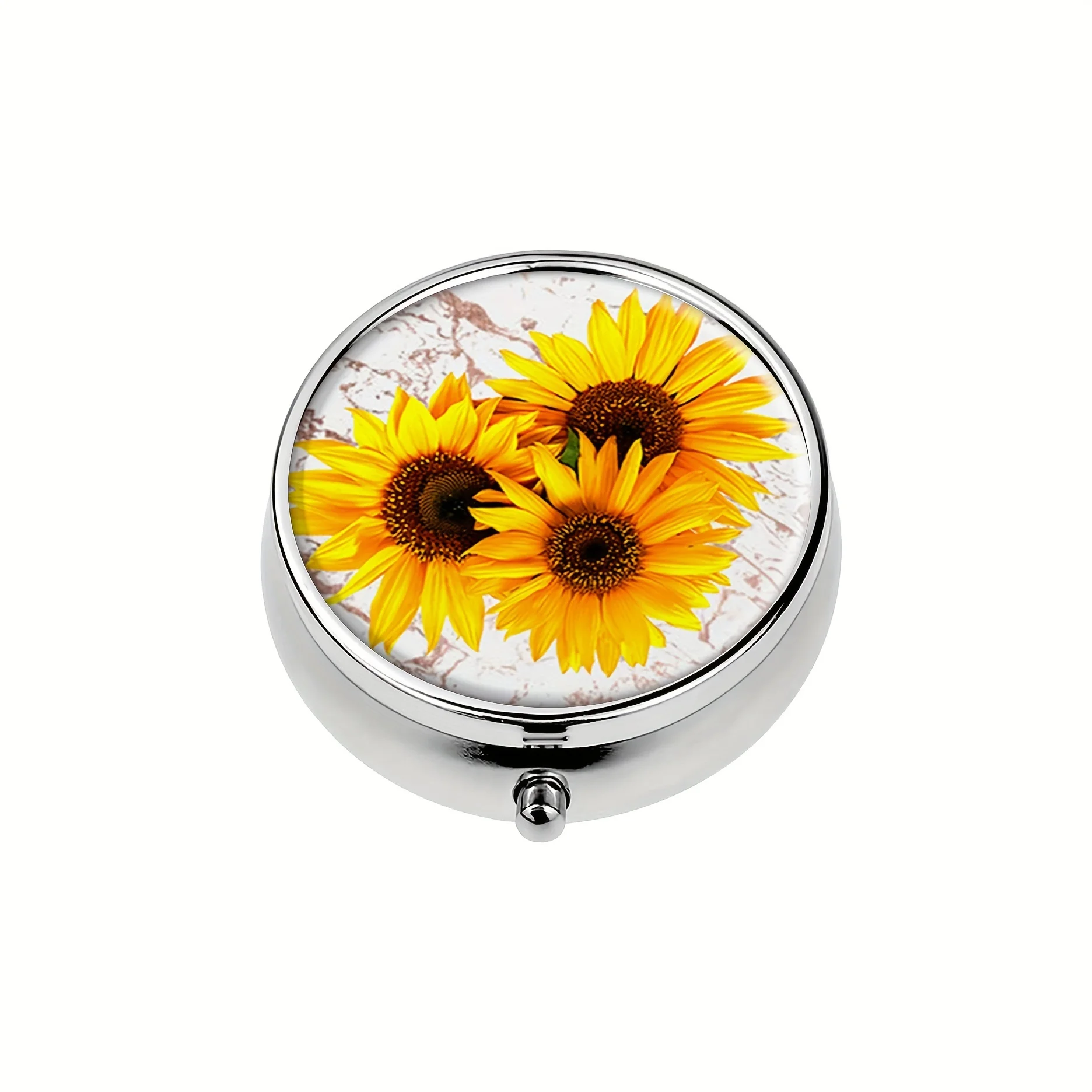 A cute yellow sunflower on a marble round medicine box,3 compartments mini pocket portable travel tablets vitamin storage box