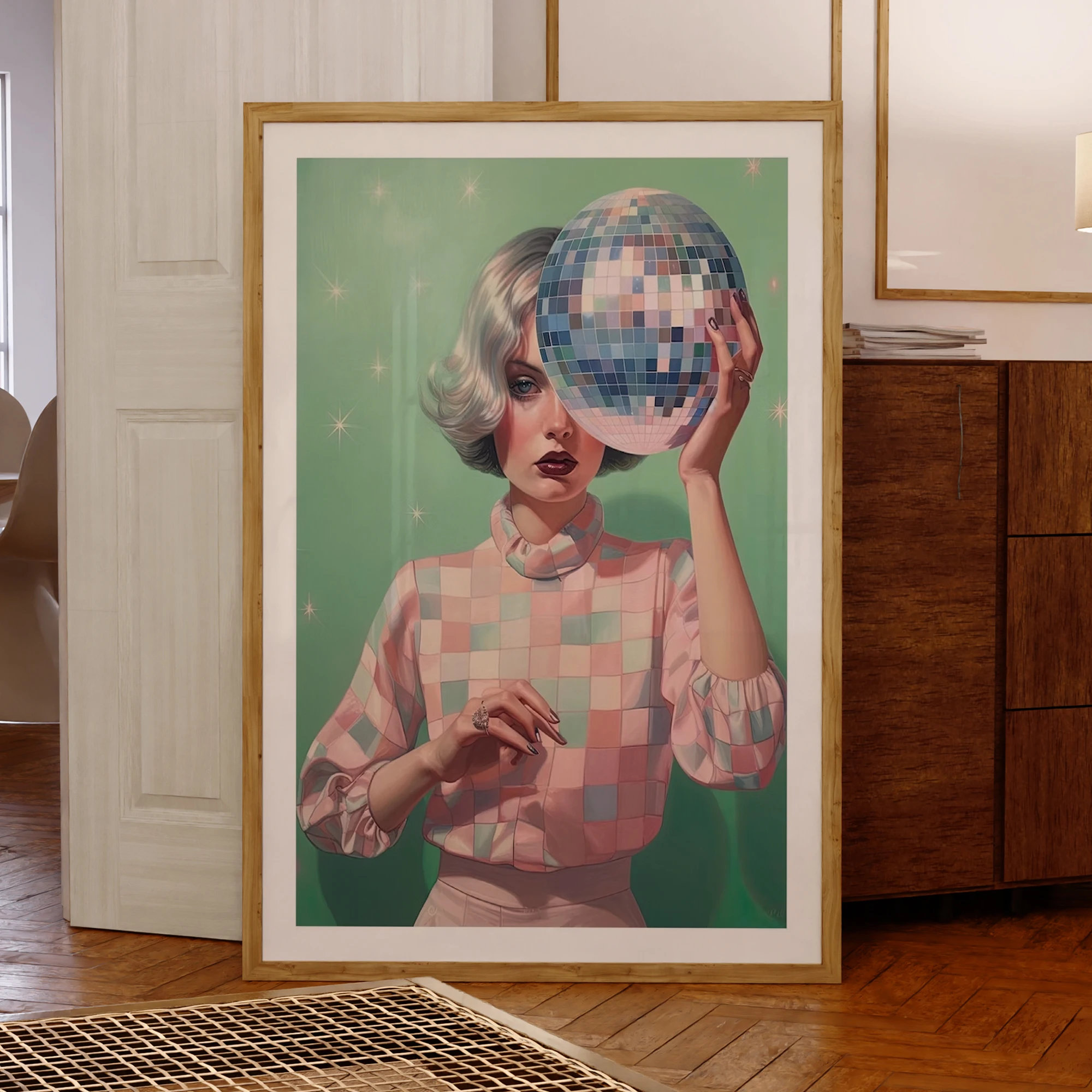 Frau mit weißem Haar hält einen Discokugel, Wandkunstdrucke, Leinwandgemälde, Poster, Bild für Wohnzimmer, Esszimmer, Heimdekoration