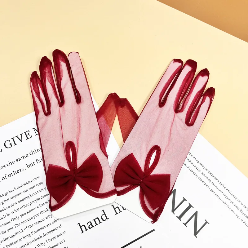 Women Sexy Mesh Transparent Bow Gloves Cosplay Opera Performance Prom Party Wedding Bride Thin Breathable Soft