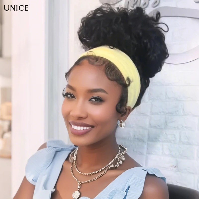 Unice Water Wave Wig HeadBand With Drawstring Cap 100% Human Hair Glueless Flip Over Wig No Leave Out