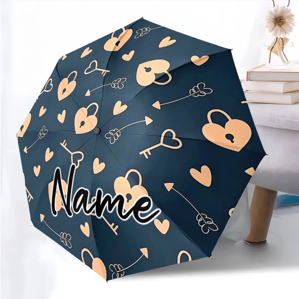 Custom Name Romantic Lock and Key Pattern Umbrella Design Print 8 Iron Ribs Folding Umbrella, Auto-Open Fashion Sunshade