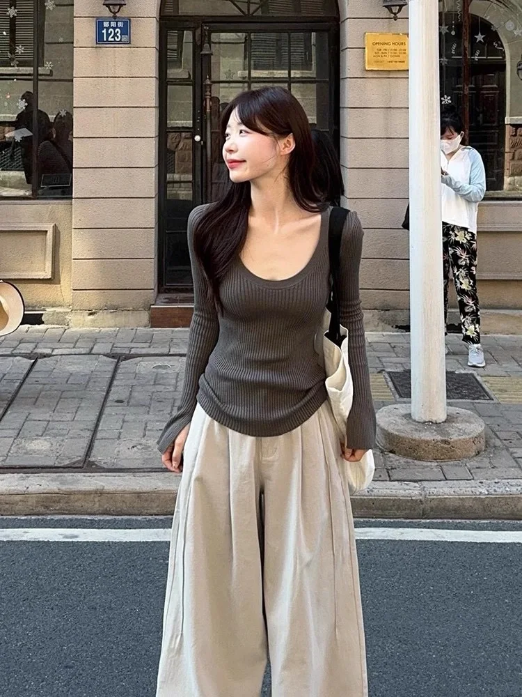 Coreano Sle ey Long Sve Base lavorata a maglia irt Maglione attillato slim fit da donna Autunno Inverno U-Ne Top Abbigliamento interno Grande apertura...