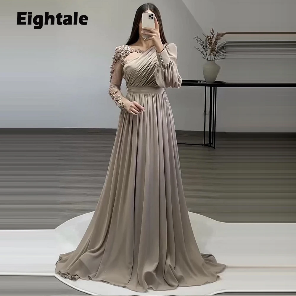 

Eightale Vintage Evening Dress for Wedding Party Chiffon Beaded Long Sleeves Champagne Appliques Prom Gowns Celebrity Dress