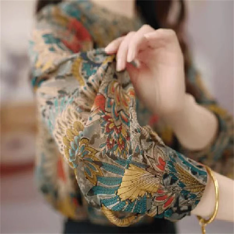 Women\'s Stylish Vintage Print Ruffled Chiffon Blouse Office Lady Commute Casual Stand Collar Shirt Long Sleeve Loose Tops Blusas