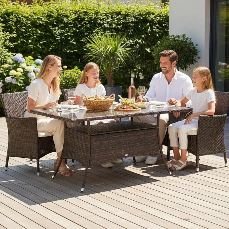 Tables basses, table à manger, table de jardin, table en polyrotin et verre 150x85x74cm, verre de sécurité marron noir, idéale pour jardin et terrasse