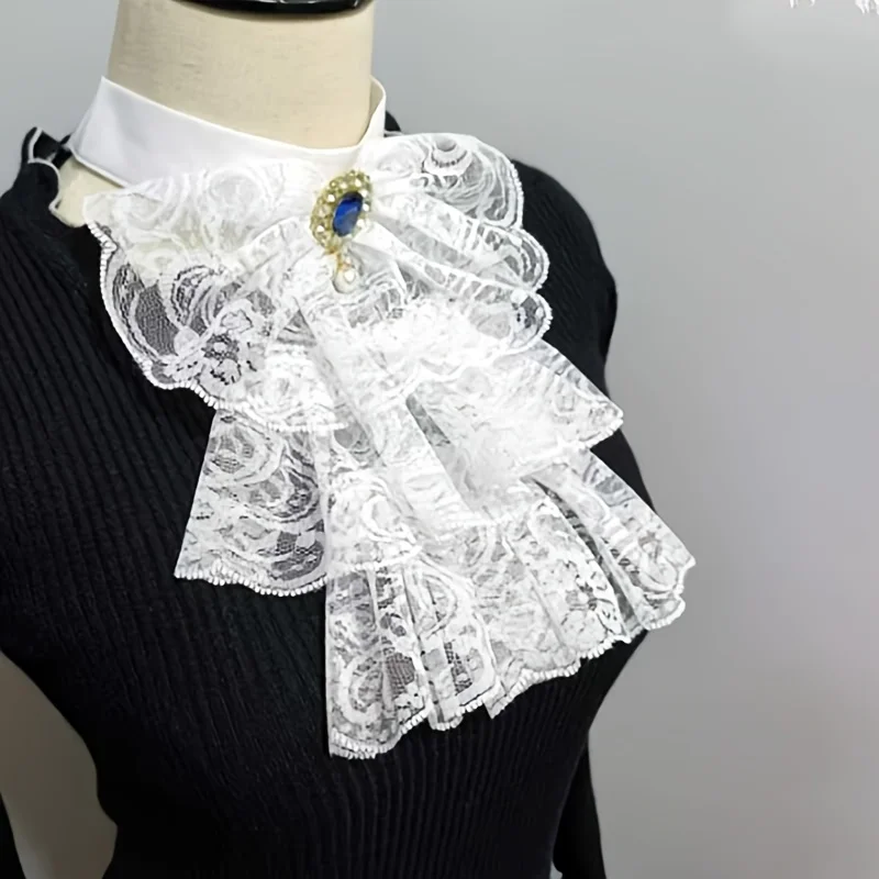 A retro-style faux collar, lace edge collar lining skirt, woven courtly La Fayette bow tie, hand wash or dry clean only.