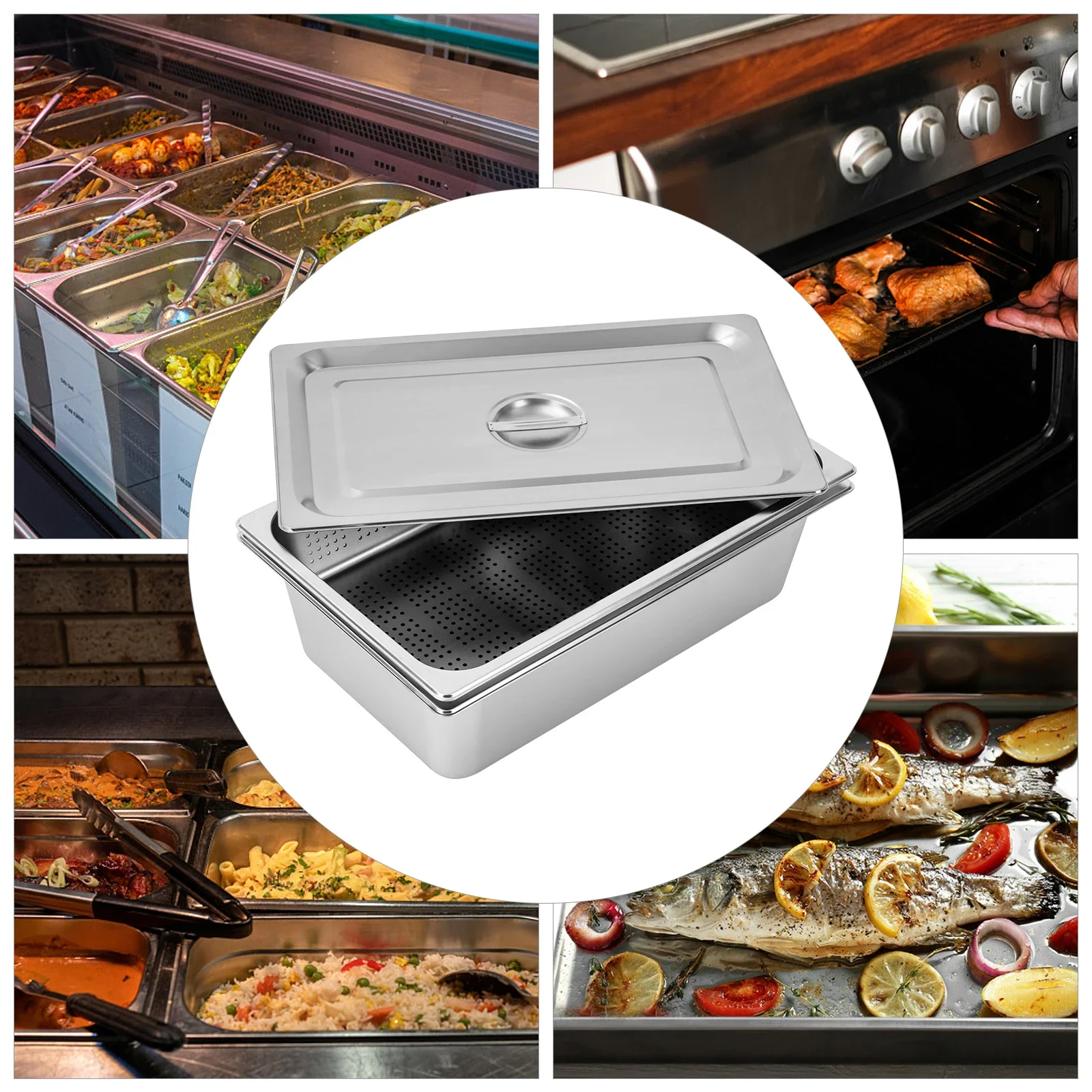 

3-Pack Full Size Hotel Pan Set – Includes Perforated Steam Pan (4” & 6”) with Lid for Food Prep & Storage