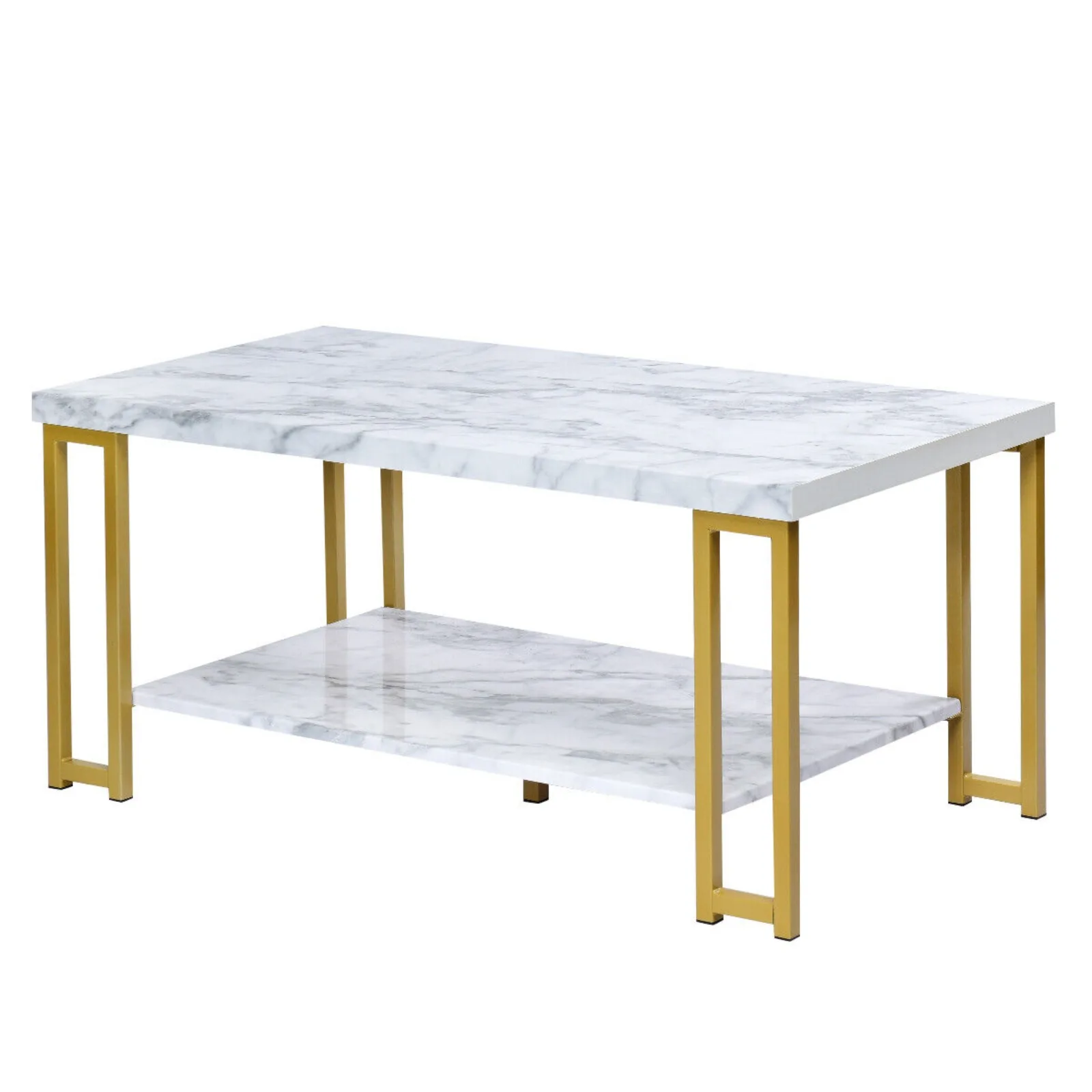 

US Modern Coffee Table Faux Marble Top Accent Cocktail Table w/ Gold Metal Home