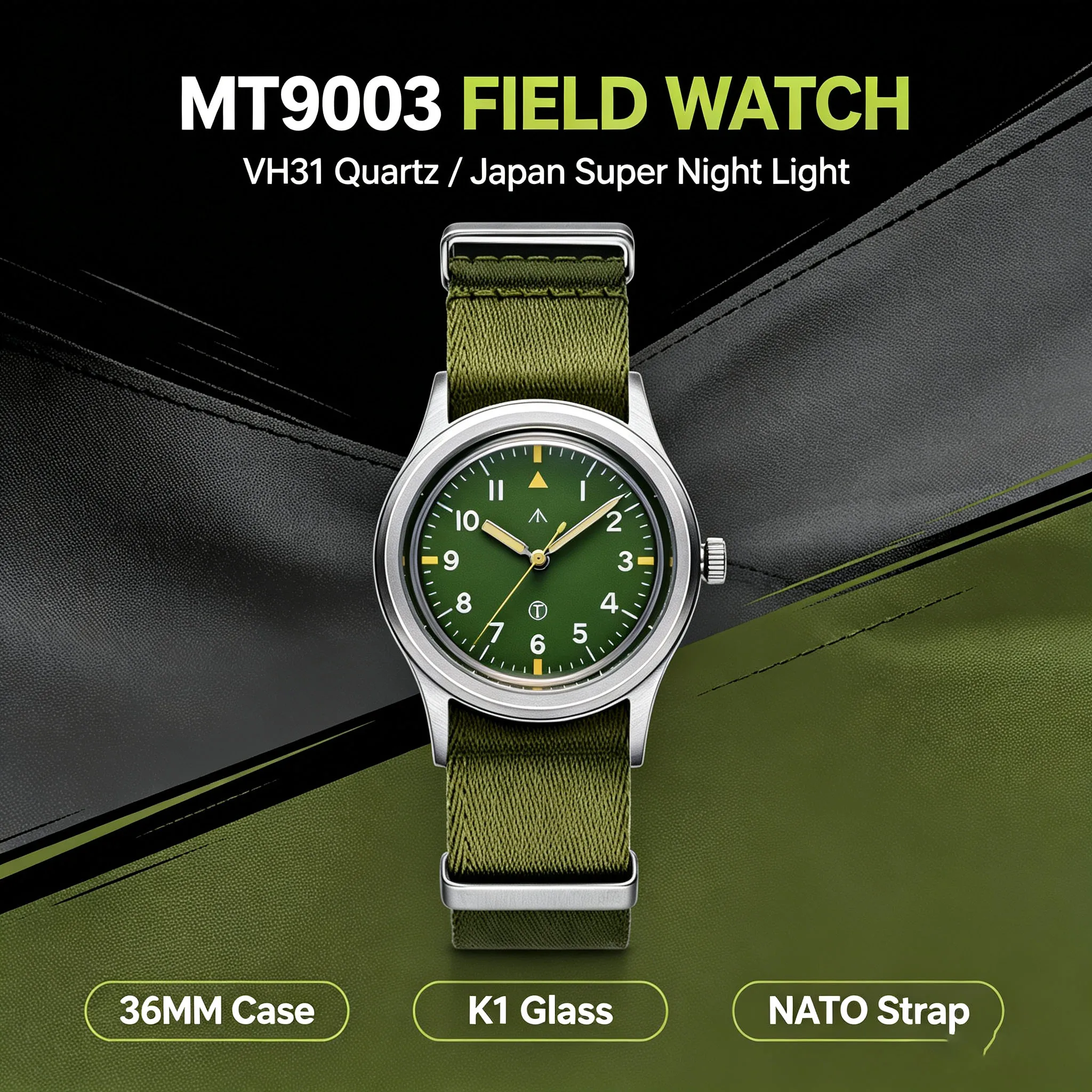 MILITREK 36mm Vintage Field Watch VH31 Sweep Second Quartz Japan Super Luminous K1 Glass 20mm NATO Nylon Strap Men Wristwatch