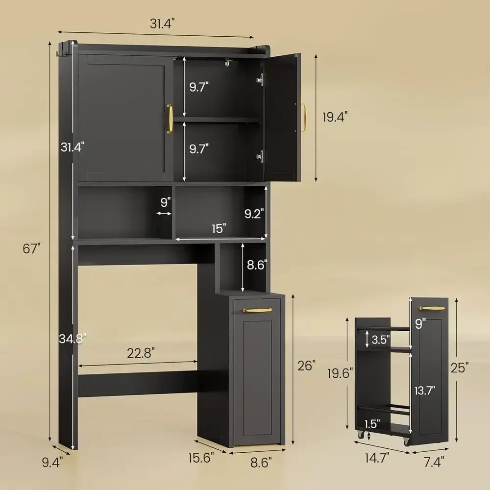 Compact Pulley-Lift Over Toilet Storage Cabinet for Small Bathrooms with Adjustable Shelves and Open Storage in BlackTime-limite