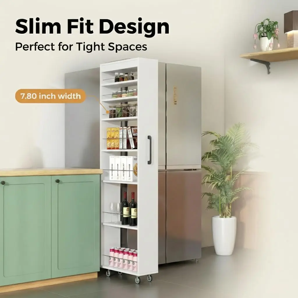 

Узкий выдвижной шкаф-органайзер Arvolia с 7 ярусами на колесиках, для кухонных ниш или гостиной, белый