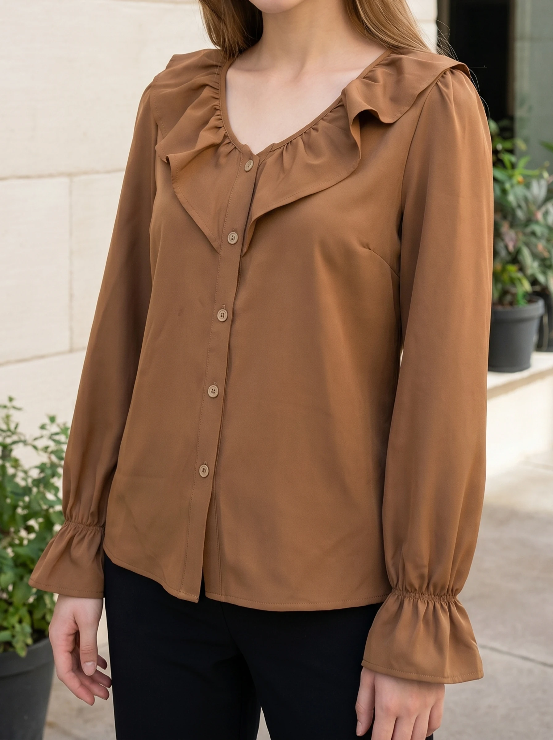 

Rosa fera Women Flounce Collar Blouse Long Sleeve Button Up Casual Office Shirt Slim Fit Top