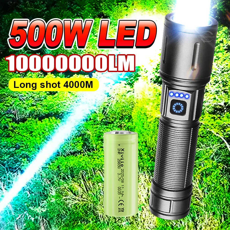 

Самый мощный светодиодный фонарь 2026 года, 1 000 000 лм, яркий свет, перезаряжаемый, высокомощный, дальность 4 км, тактический фонарь