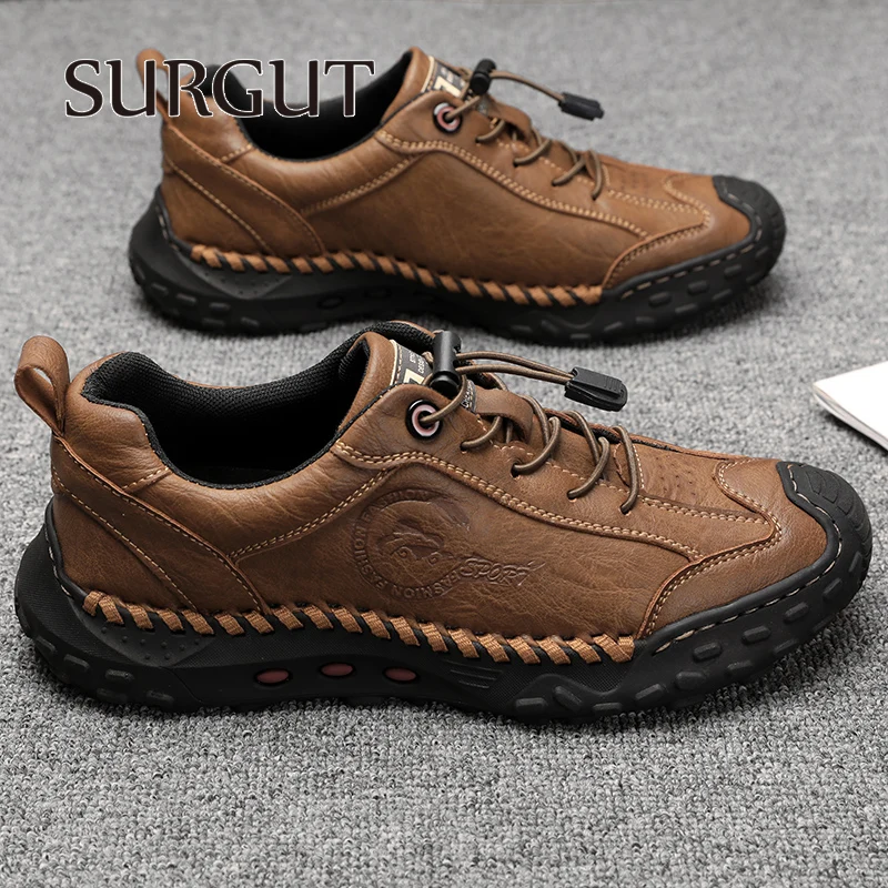 SURGUT Fashion Leather Men Casual Shoes Handmade Breathable Cowhide Man Board Shoes Breathable Soft Working shoes