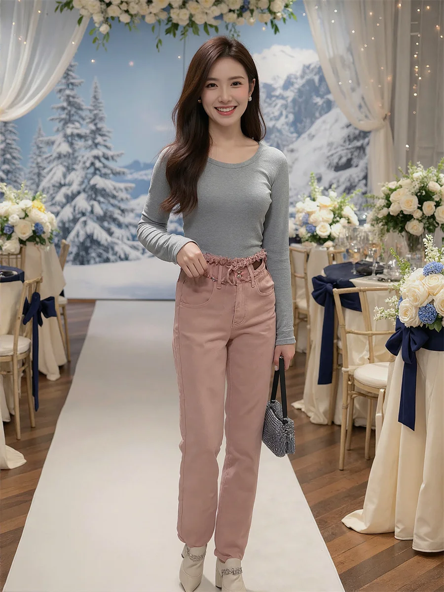 Hoge taille wijde pijpen jeans voor meisjes denim broek dameskleding herfst dubbellaags recht kruis gothic feestkleding avondfeest