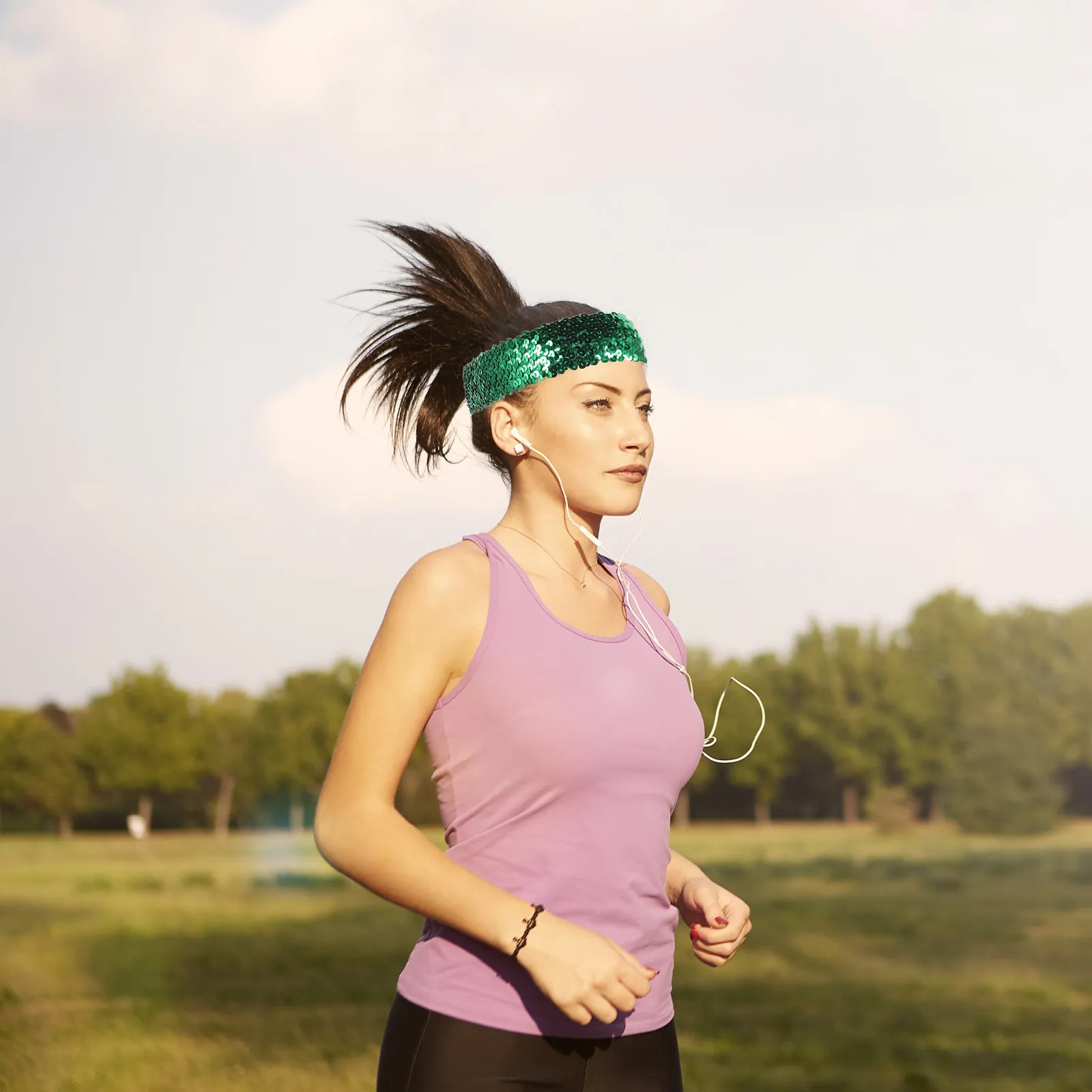 

1 шт. зеленая эластичная повязка на голову с пайетками для женщин, блестящая спортивная повязка для волос, модный креативный аксессуар для волос на день рождения