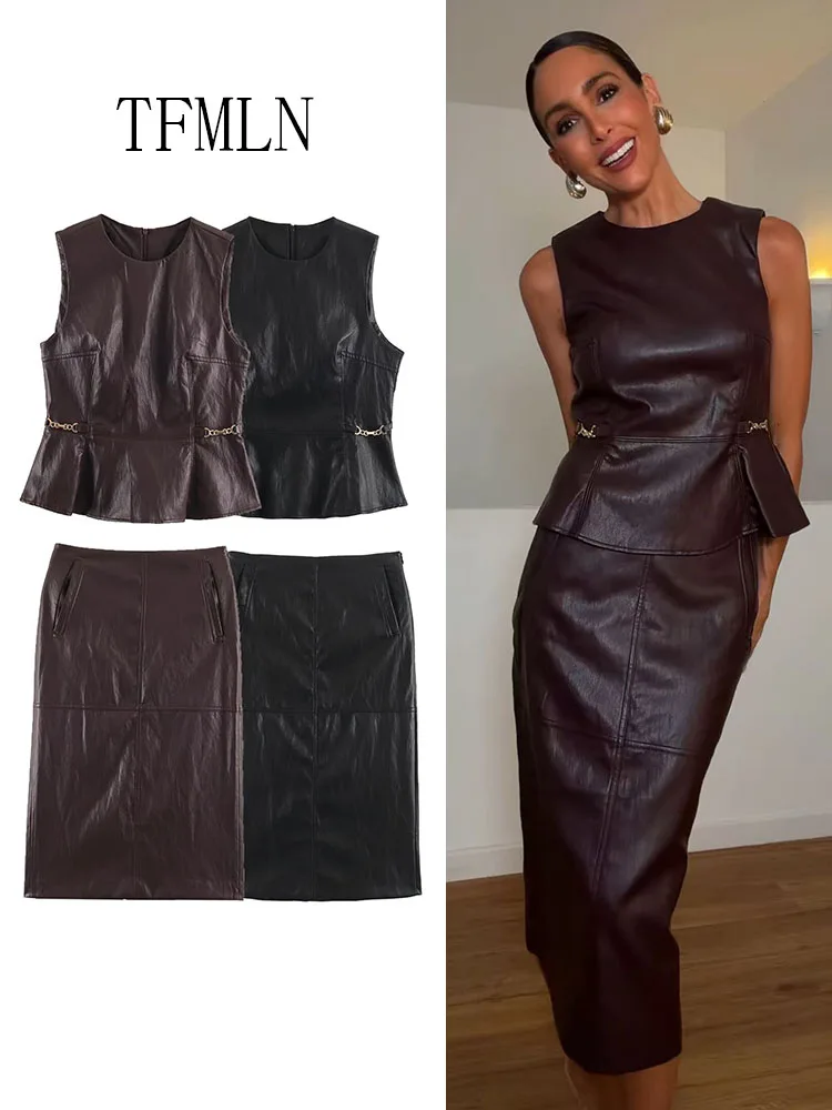 TFMLN Fashion Women Faux Leather Skirt Suits 2026 Vintage O-neck Sleeveless Tops Side Zipper Straight Skirts High Street Outfits