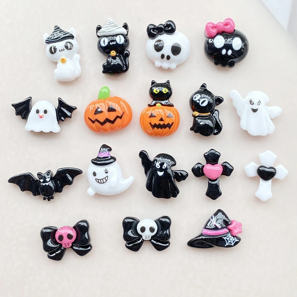 20Pcs Cute Cartoon Halloween cat, pumpkin, bat Nail Art Resin Designer Charms DIY Craft For Nail 3D Decorations Jewelry