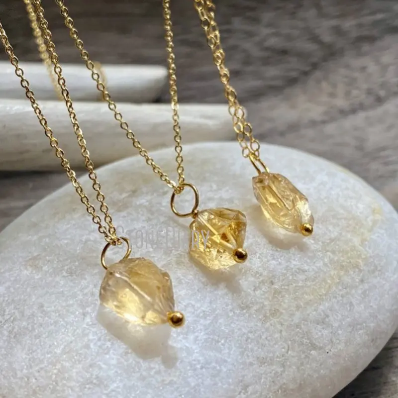 

NM42519 Dainty Citrine Crystals Healing Stones Free Form Point Layering Gold Color Chain Necklace November Birthstone