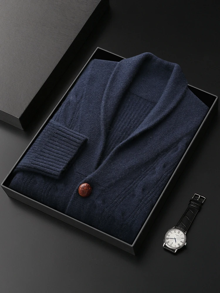 High Quality Men's Turn-Down Collar Cardigan 100% Cashmere Sweater Autumn Winter Luxury Twist Flower Smart Casual Cashmere Coat