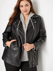 Plus Size PU Leather Zipper Jacket, Casual Long Sleeve Lapel Jacket For Fall, Women's Plus Size Clothing