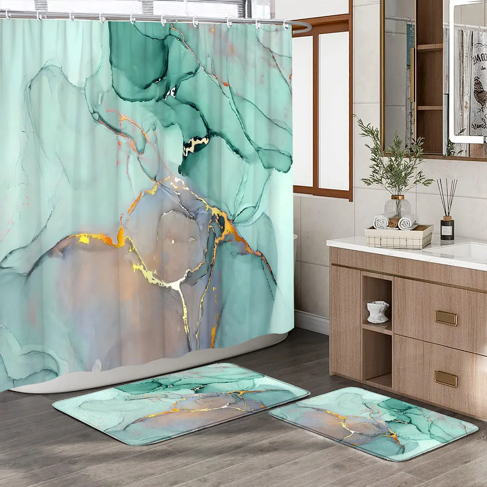 Gray Golden Crackle Marble Shower Curtain Set Modern Creative Marble Texture Fabric Bathroom Decor Curtain and Non-Slip Bath Mat