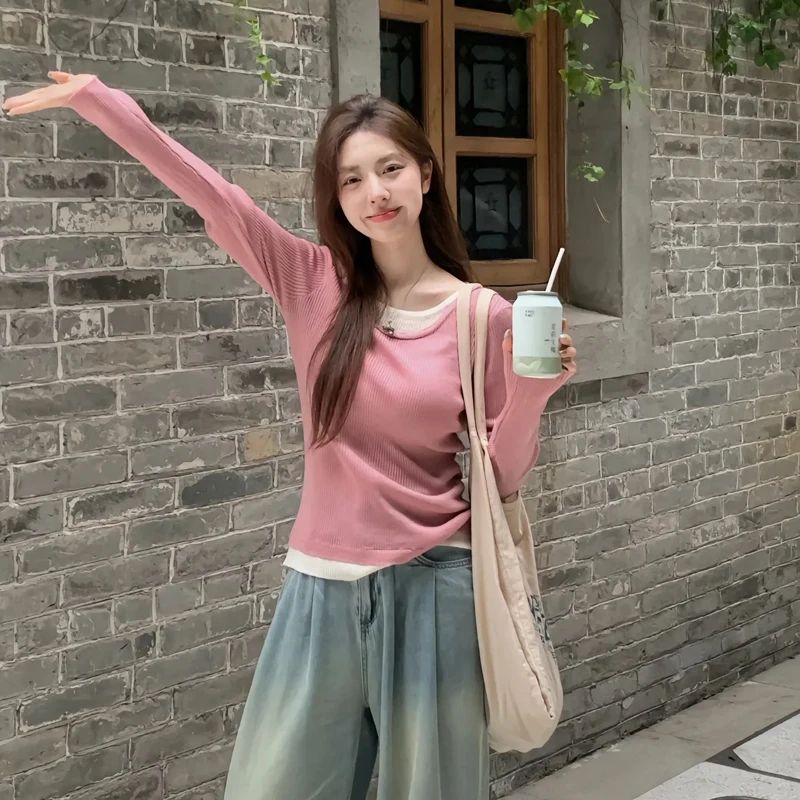 Fake Two Piece Knitted T-shirt Women Autumn Casual Slim Long Sleeve Top Bottom Shirt