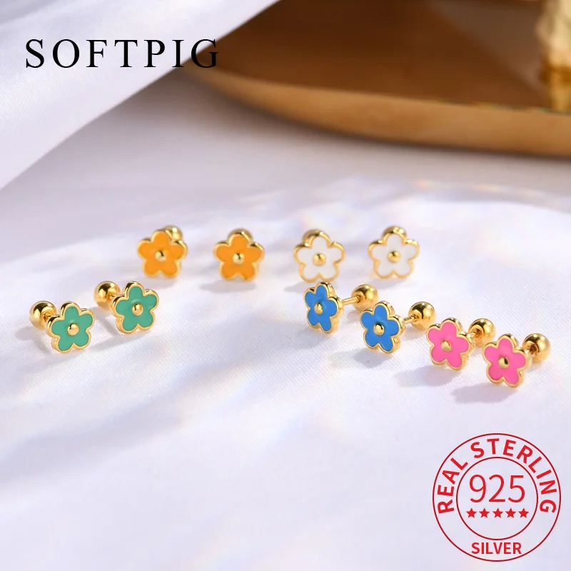 

SOFTPIG Real 925 Sterling Silver Enamel Flower Bead Screwed Stud Earrings for Women Cute Fine Jewelry 18K Gold Accessories