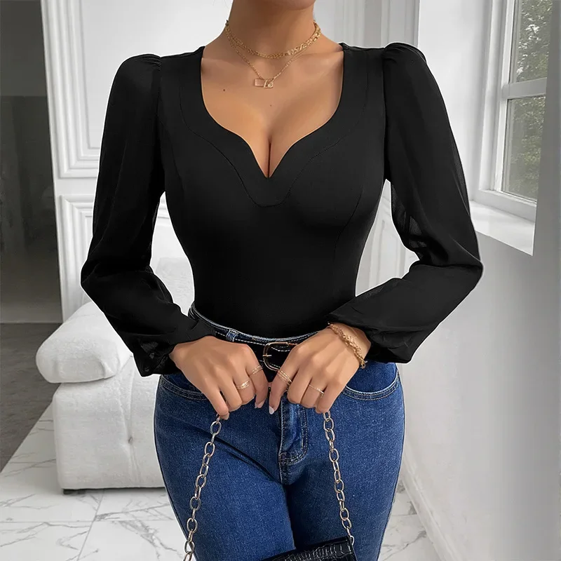 

Long-sleeved Black Mesh Spliced V-neck Jumpsuit New Sexy Square Neck Slim Solid Color Women's