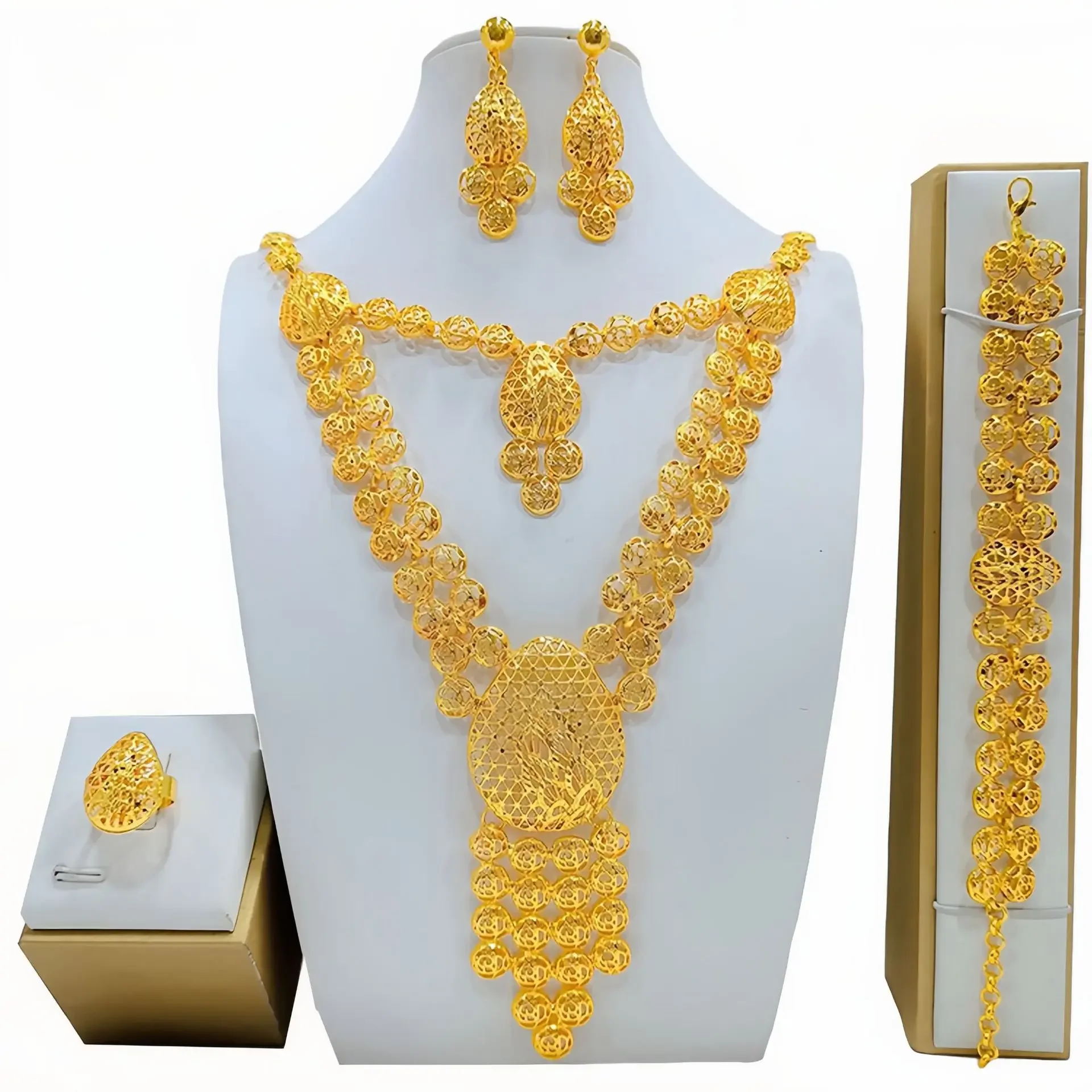 GoldAether 24K echt goud 9999 geelgouden sieradenset Lange ketting, armband, ring, oorbellen, trouwketting
