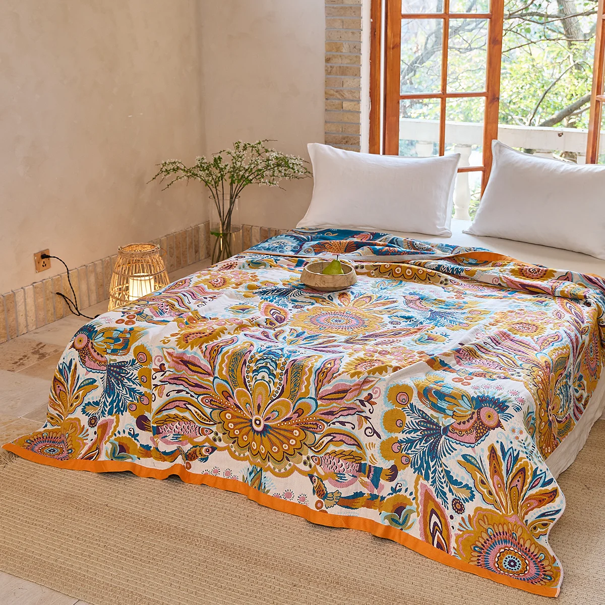 

Boho Throw Blanket, 100% Cotton Soft Luxury Throw Rustic Quilt, Floral Printed Farmhouse Decor Bed Summer Blankets,All Season Rustic Reversible BohemianThrow for Bed - Canary