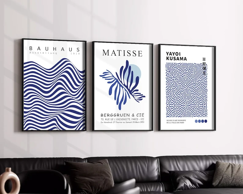 

Navy Blue Wall Art Print Matisse Botanical Print Bauhaus Abstract Wall Art Yayoi Kusama Dot Art Museum Exhibition Poster