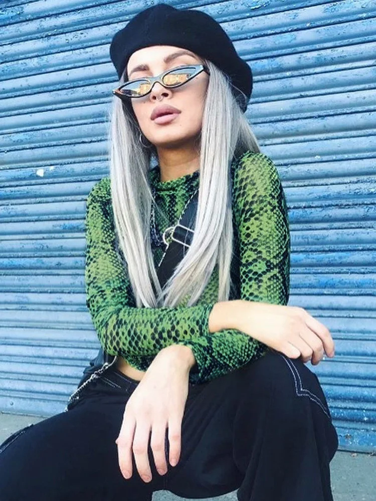 Casual Green Snake Print T Shirt Women Mesh Top Long Sleeve Transparent Snakeskin Female T-shirt High Neck Crop Tops