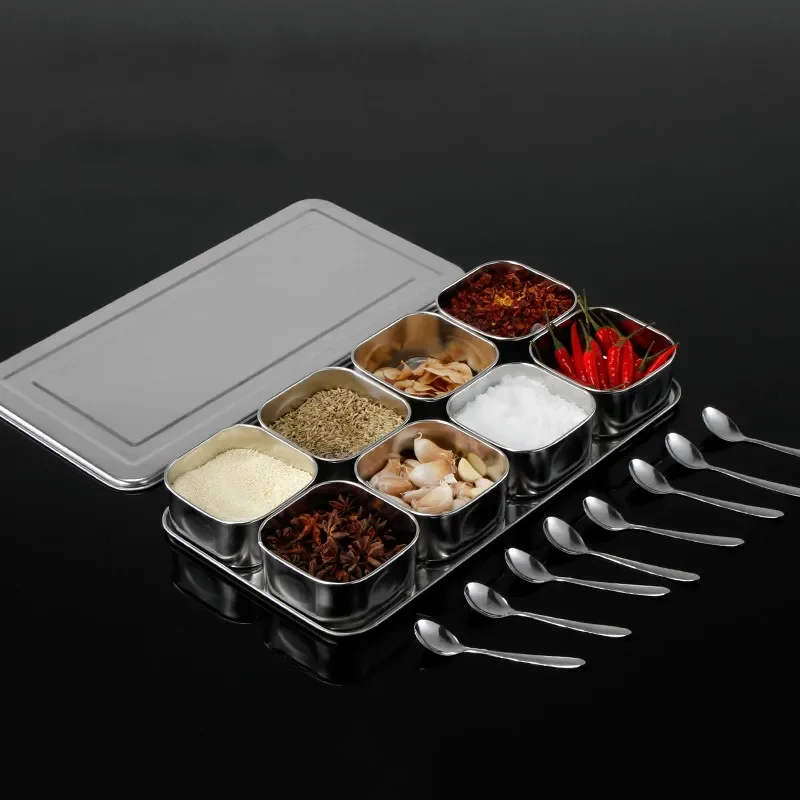 Japanese Stainless Steel Seasoning Box Set Creative Seasoning Jar 6 Grid 8 Grid Optional With Lid Kitchen Health Spice Box