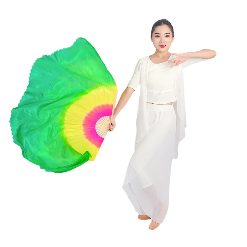 Chinese Traditional Bamboo Fan Veil Imitation Polyester Silk Veil Extra Long Square Yangko Folk National Dancer Practice Props