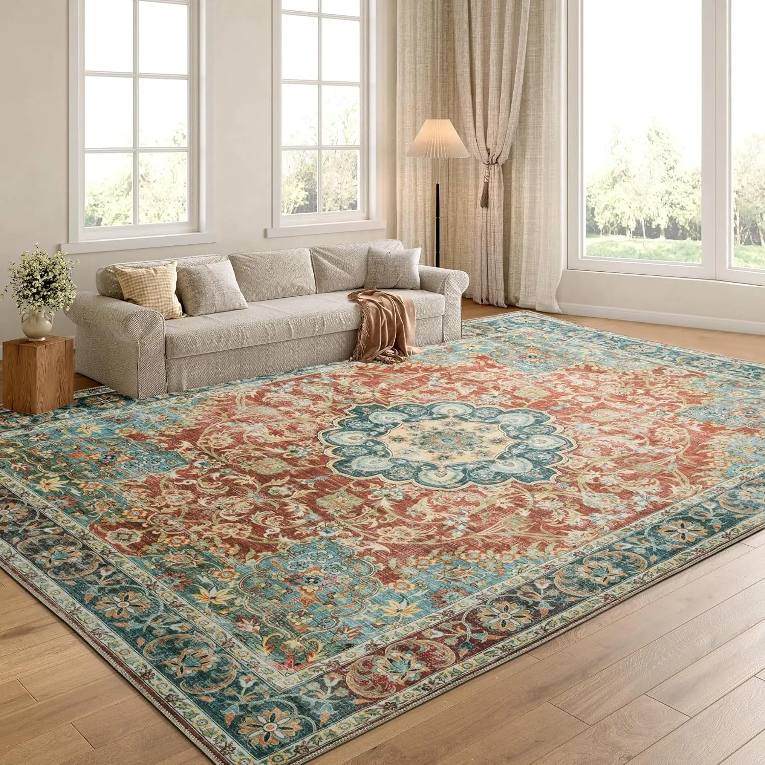 Vintage Area Rug for Living Room Bedroom Large Boho Floor Carpet with Non Slip Backing for Indoor Office Dining Room Traditional