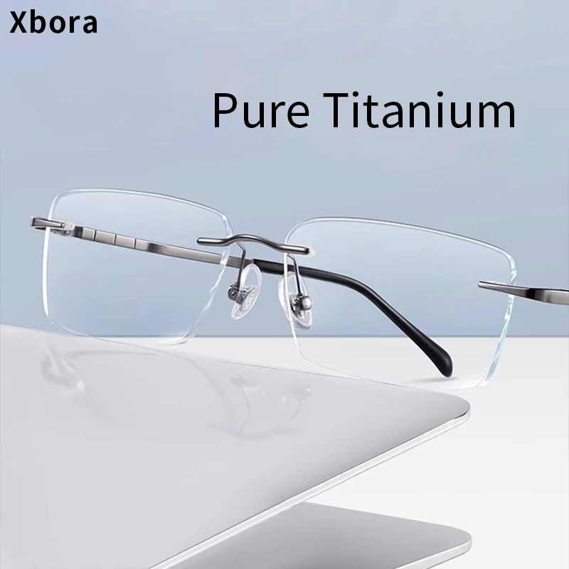 

Xbora 2024 New Men's Pure Titanium Rimless Square Eyewear Frame Eyeglasses Women's Optical Prescription Glasses 123233