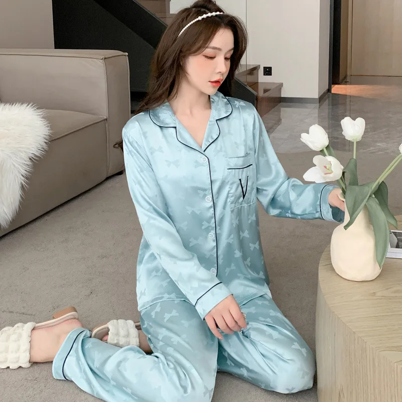 Women 2 Piece Pajamas Sets Bow Print Pijama Faux Silk Satin Lapel Pyjama Female Sleepwear Long Sleeve Shirt Pants Homewear