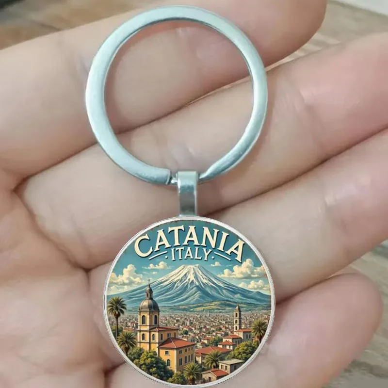 Llavero italiano Catania, recuerdo de paisaje urbano siciliano y volcán Etna, regalo de aniversario de cumpleaños, recuerdo de referencia italiano