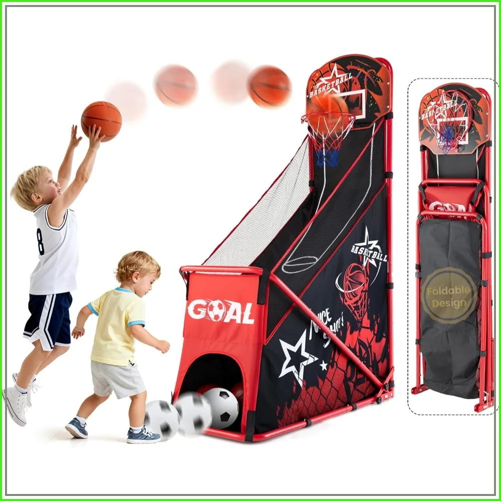 Foldable Basketball Hoop Set with Soccer Goal - Portable Indoor Outdoor Sports Toy for Ages 3-12, Air Pump & 3 Balls Included