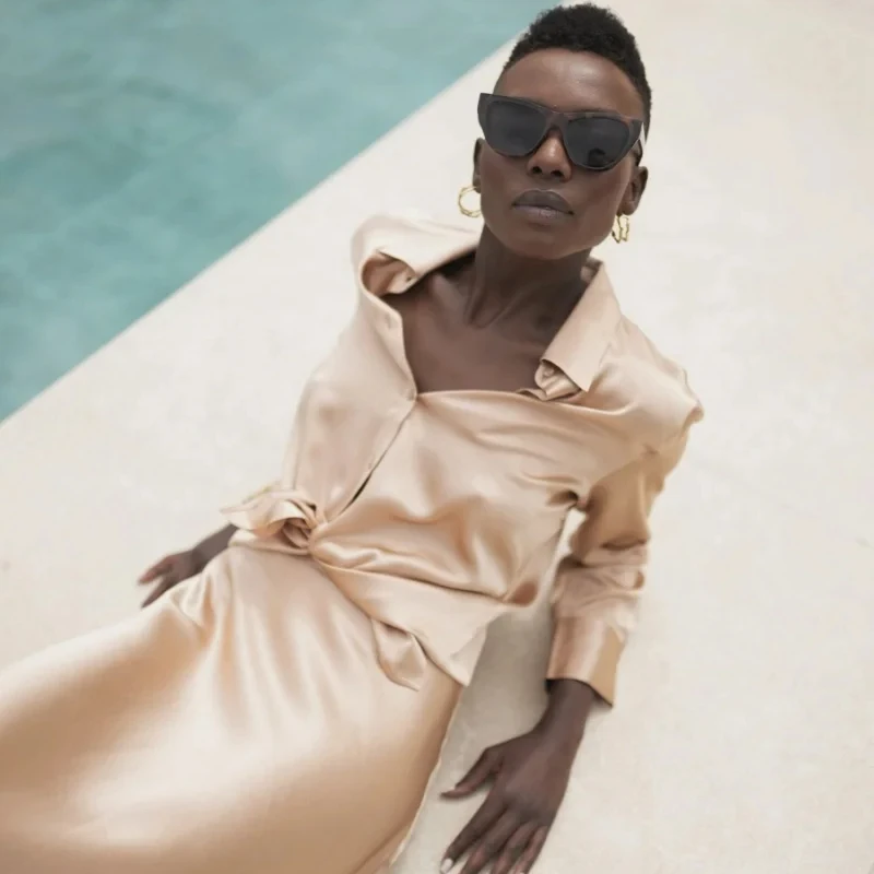 ฤดูใบไม้ผลิ 19 มม.ผ้าไหม 100% ผู้หญิง Designer Luxury Elegant เสื้อแขนยาว Silky ซาตินเสื้อทํางาน SLIM FIT การออกแบบที่ไม่ซ้ํากันเสื้อผ้า